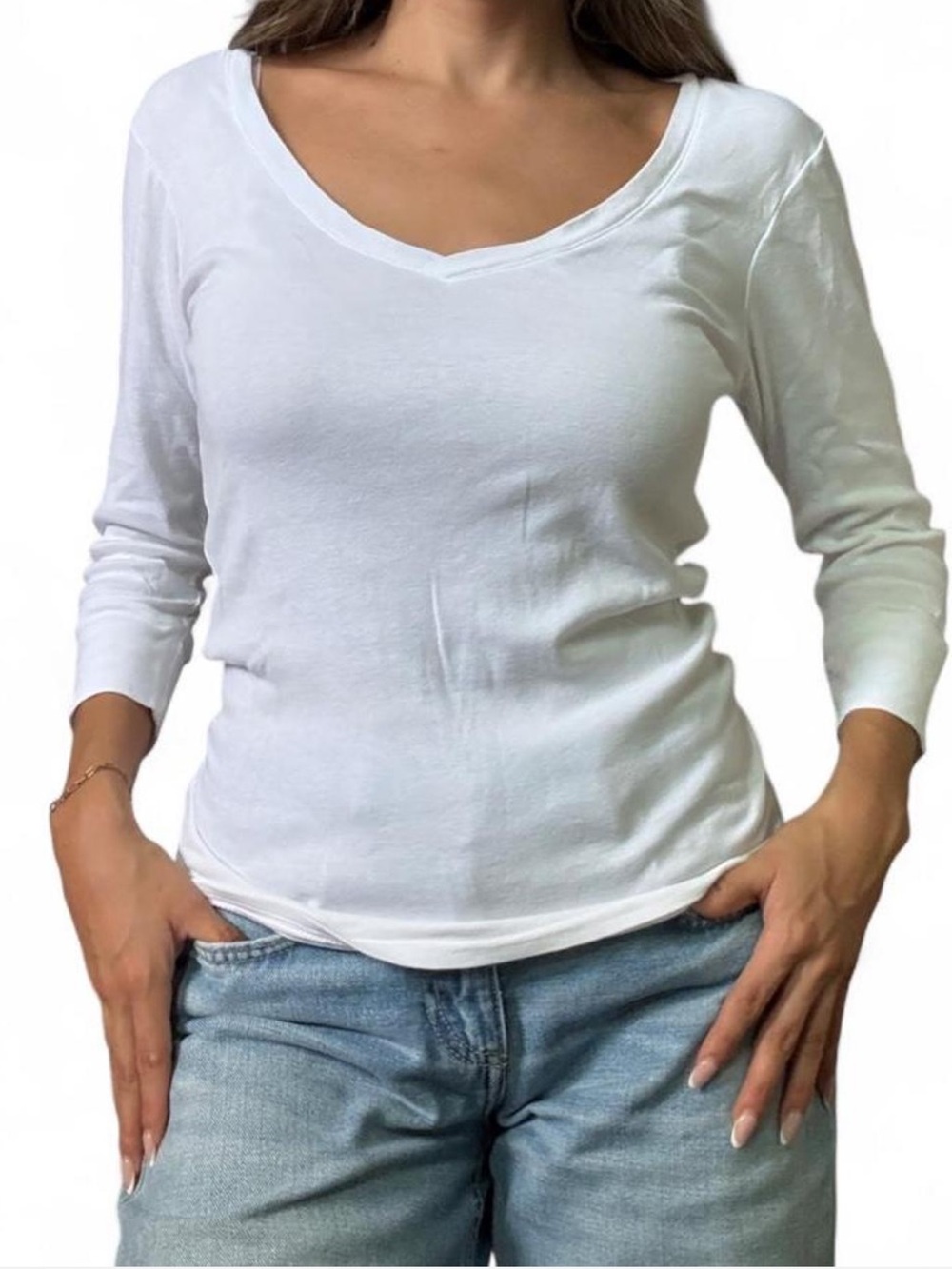 y2k V-Neck 100% Cotton White Three Quarter Sleeve Tee Small Fall Long Sleeve